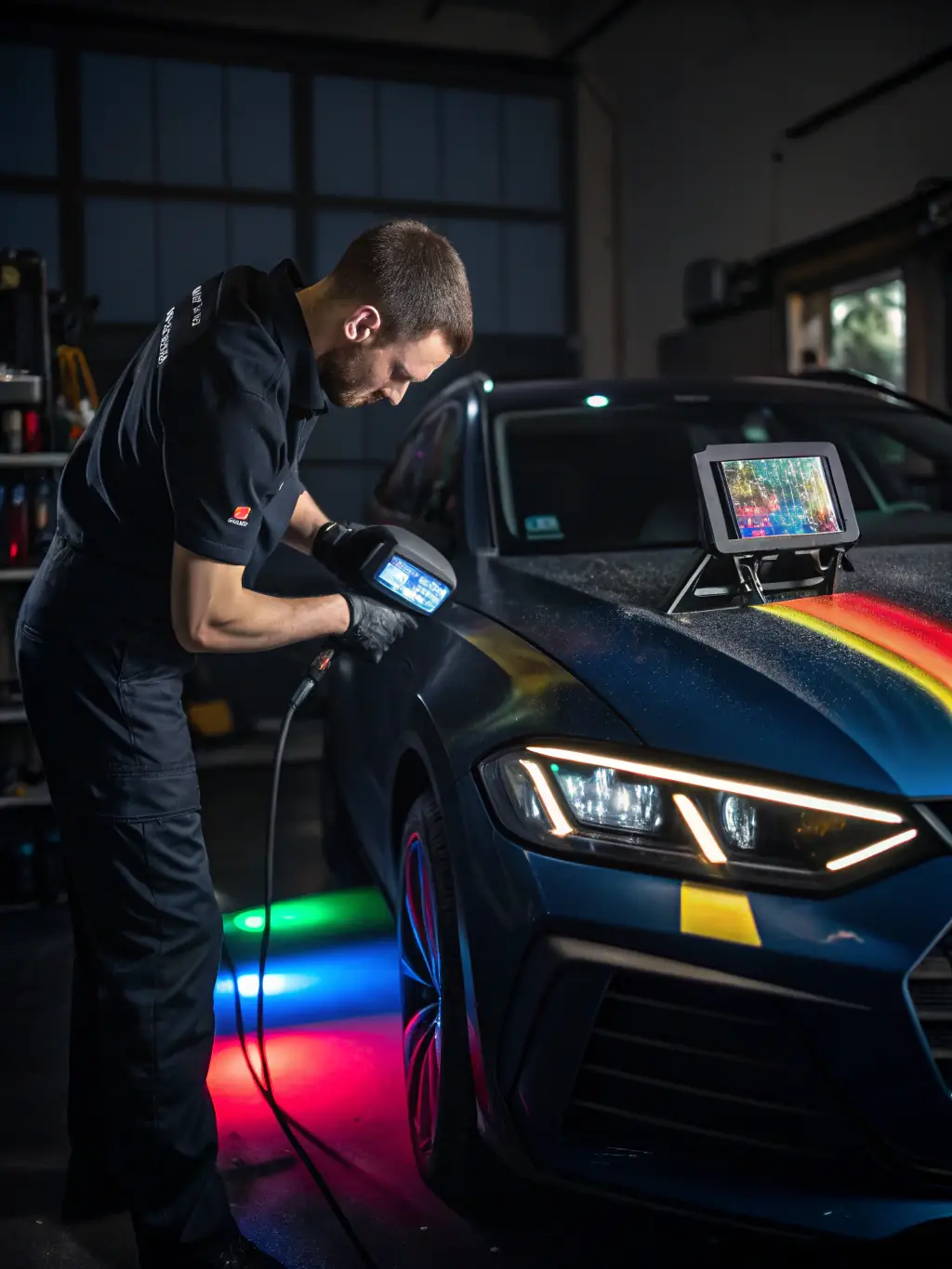A close-up image of a technician expertly matching the color of a car's paint at Sontay Body Shop, demonstrating the attention to detail in the auto painting process.