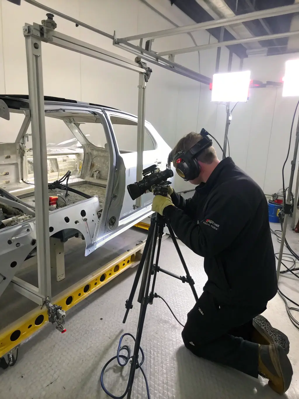 A high-quality image of a car frame being straightened using advanced equipment at Sontay Body Shop, highlighting the expertise in structural repairs.