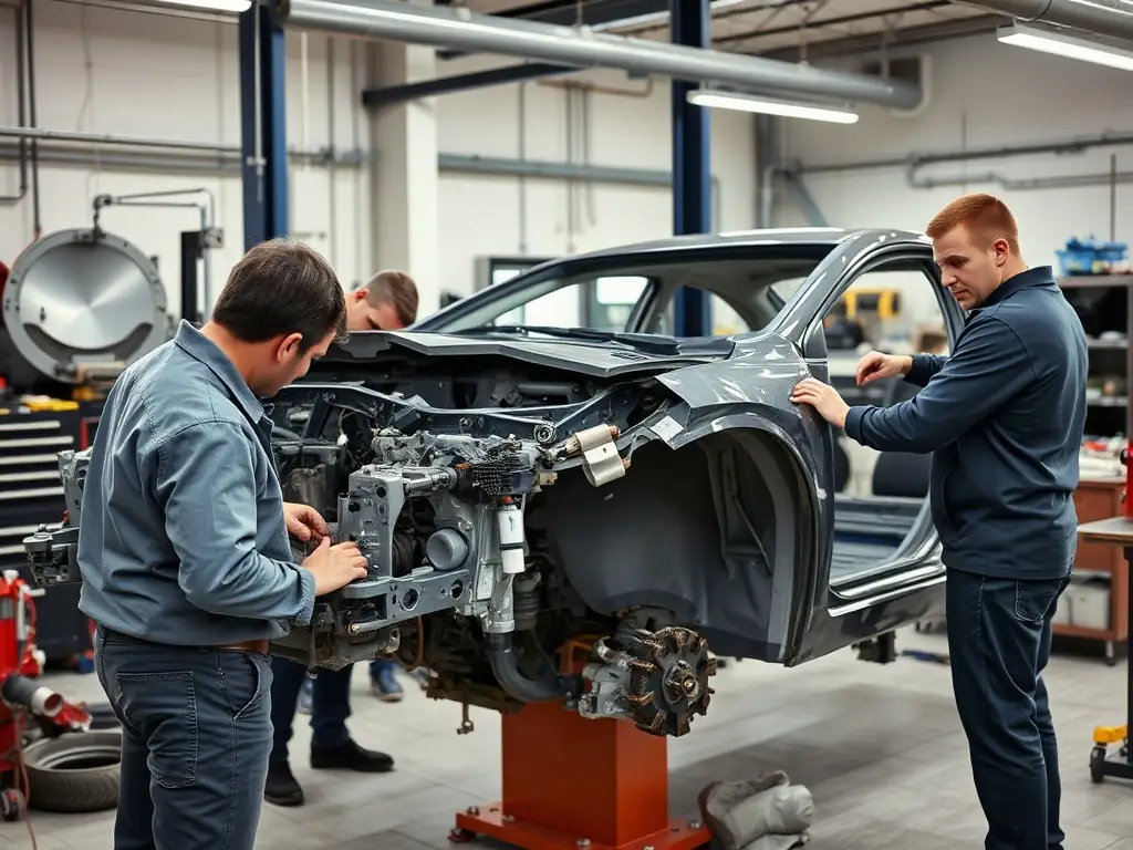 A digitally enhanced photograph of a car undergoing collision repair in a professional body shop, showcasing advanced equipment and skilled technicians at work.