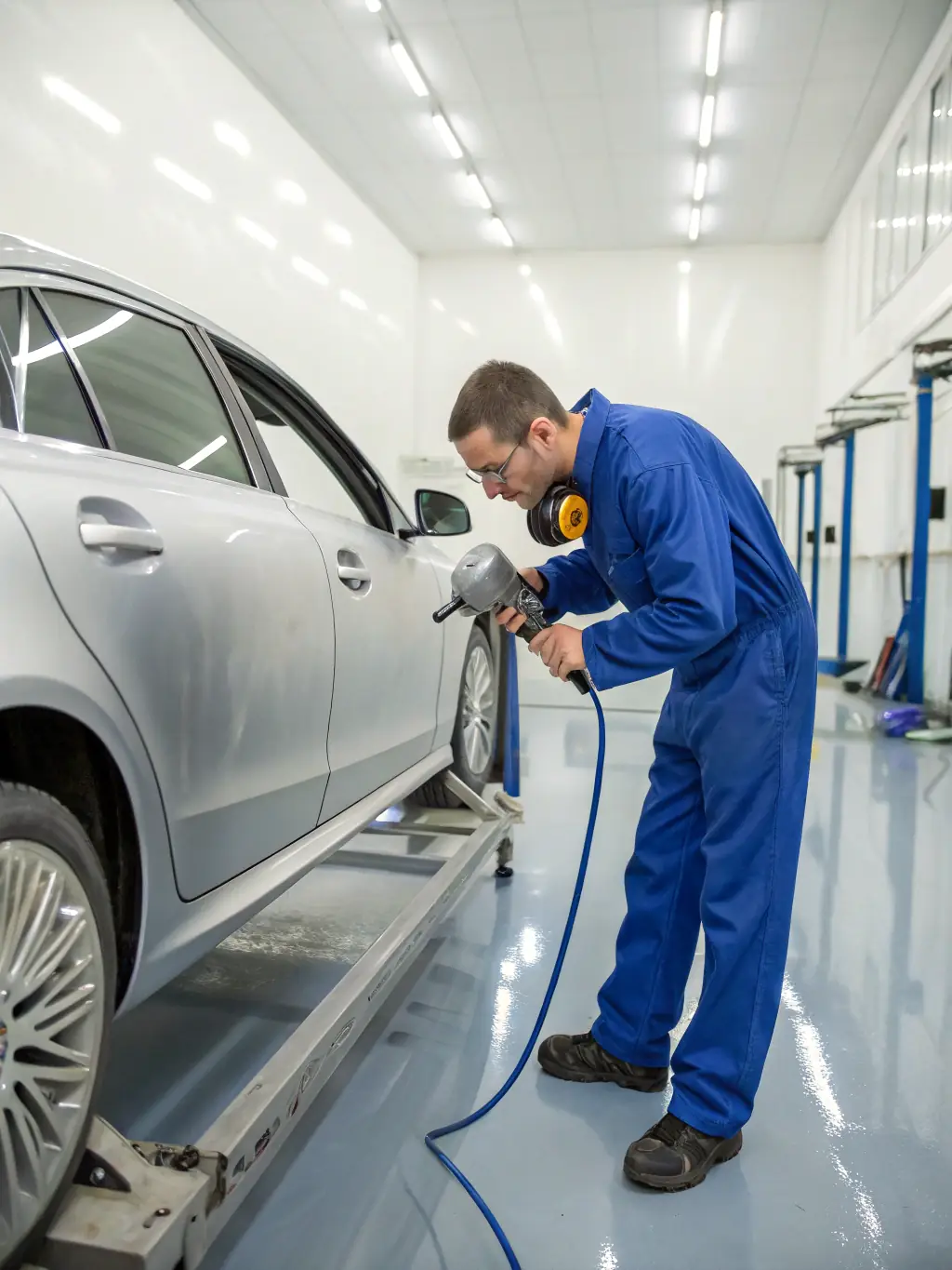 A professional image of a car receiving a fresh coat of paint in Sontay Body Shop's paint booth, emphasizing the quality and finish of the auto painting service.