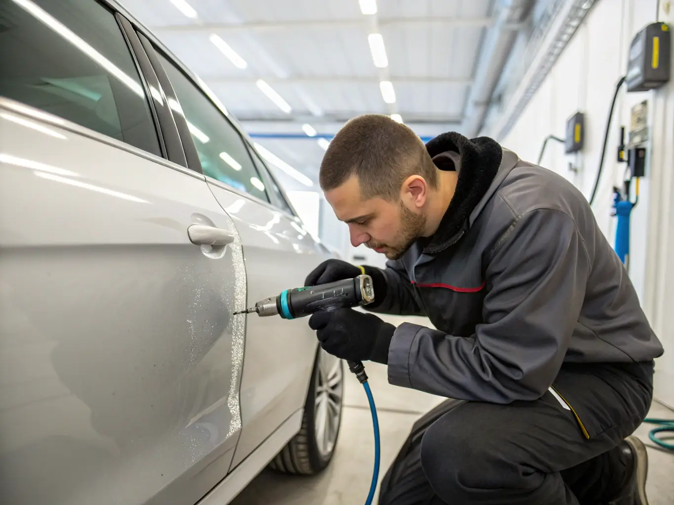 A digitally created image of a technician carefully removing a dent from a car panel, using specialized tools and techniques to ensure a seamless repair.