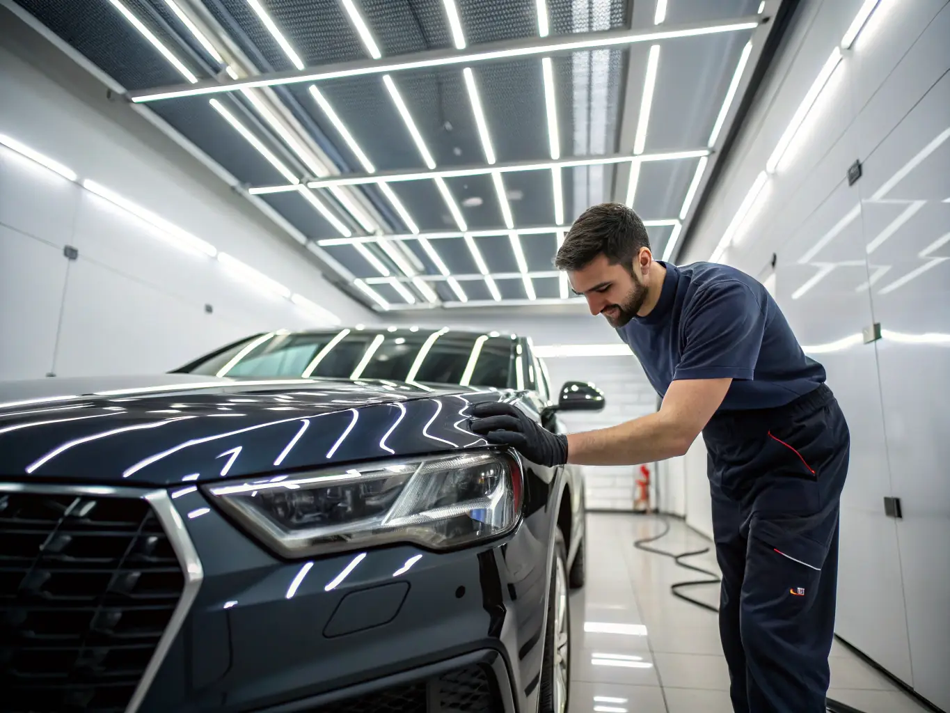 A close-up shot of a technician meticulously inspecting a car panel after repair, highlighting the attention to detail and quality workmanship at Sontay Body Shop & Paint.