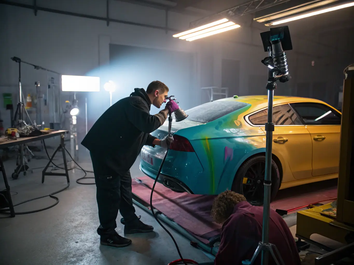 A digitally generated image of a car being meticulously painted in a state-of-the-art paint booth, highlighting the precision and quality of the paint job.
